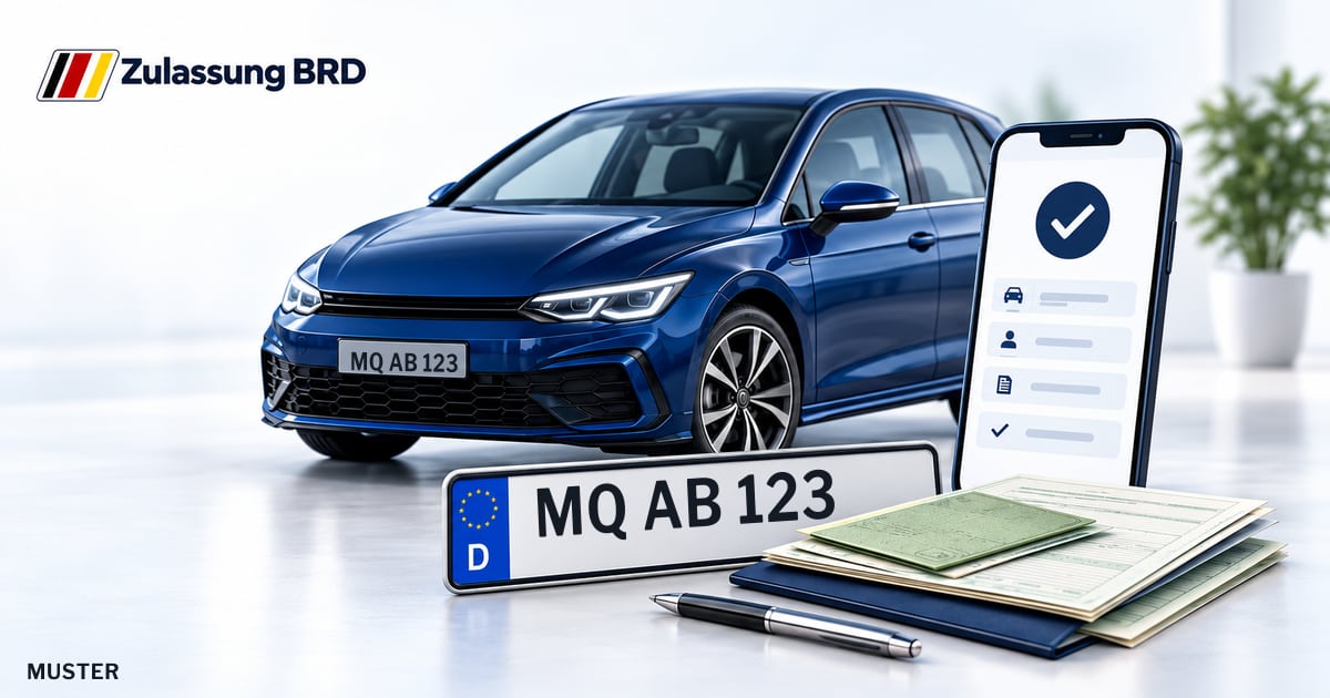 Online Fahrzeugzulassung in Teutschenthal: Musterkennzeichen MQ AB 123, Auto und Fahrzeugpapiere und Smartphone. Illustration mit Logo von Zulassung BRD.